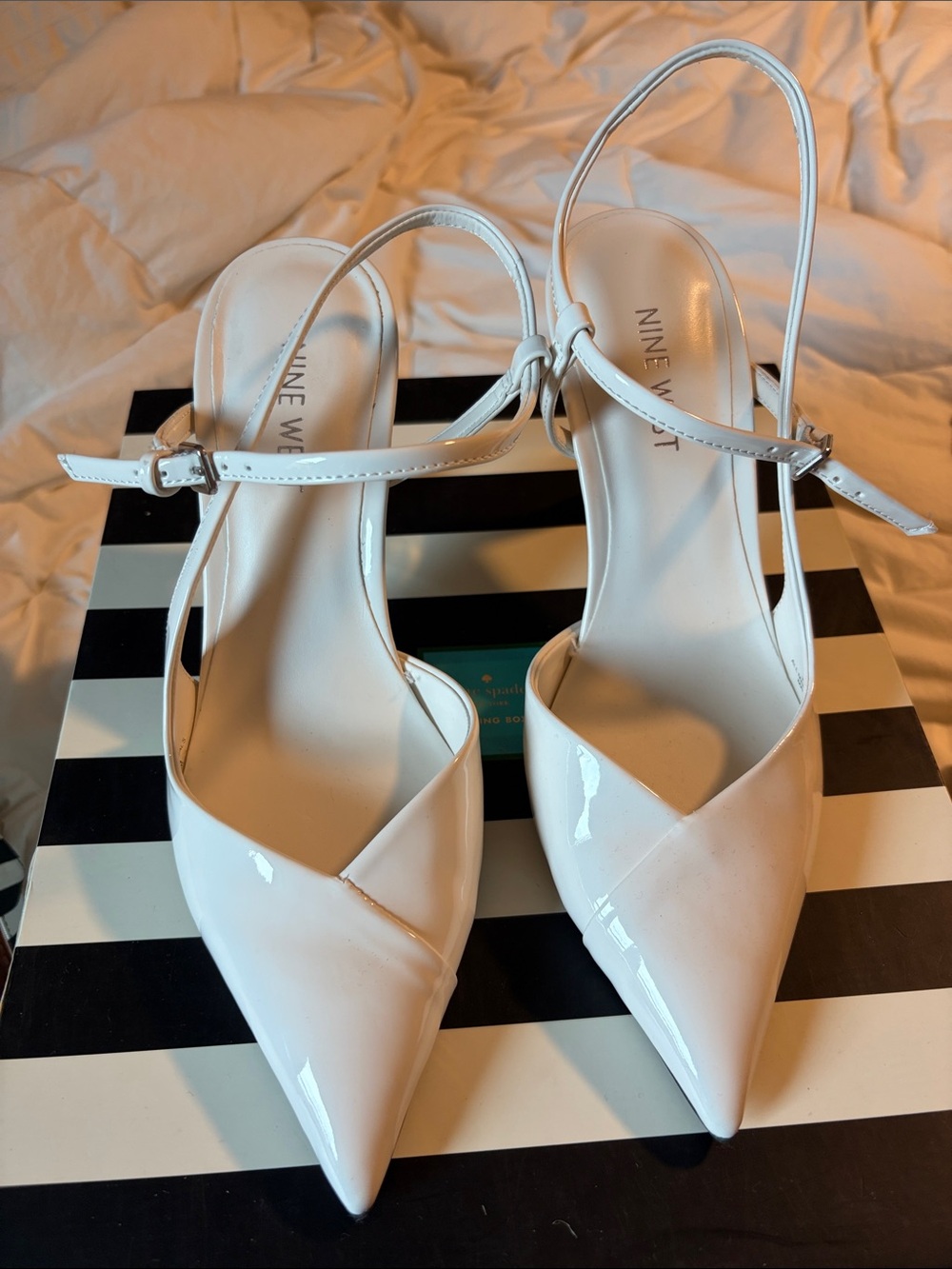Nine West White Patent Pointed Toe Slingback Pumps